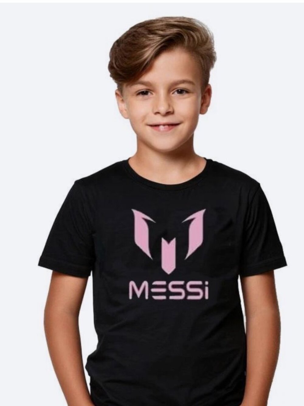 T-Shirt Messi Garçon 10-12 Noir avec Logo Rose